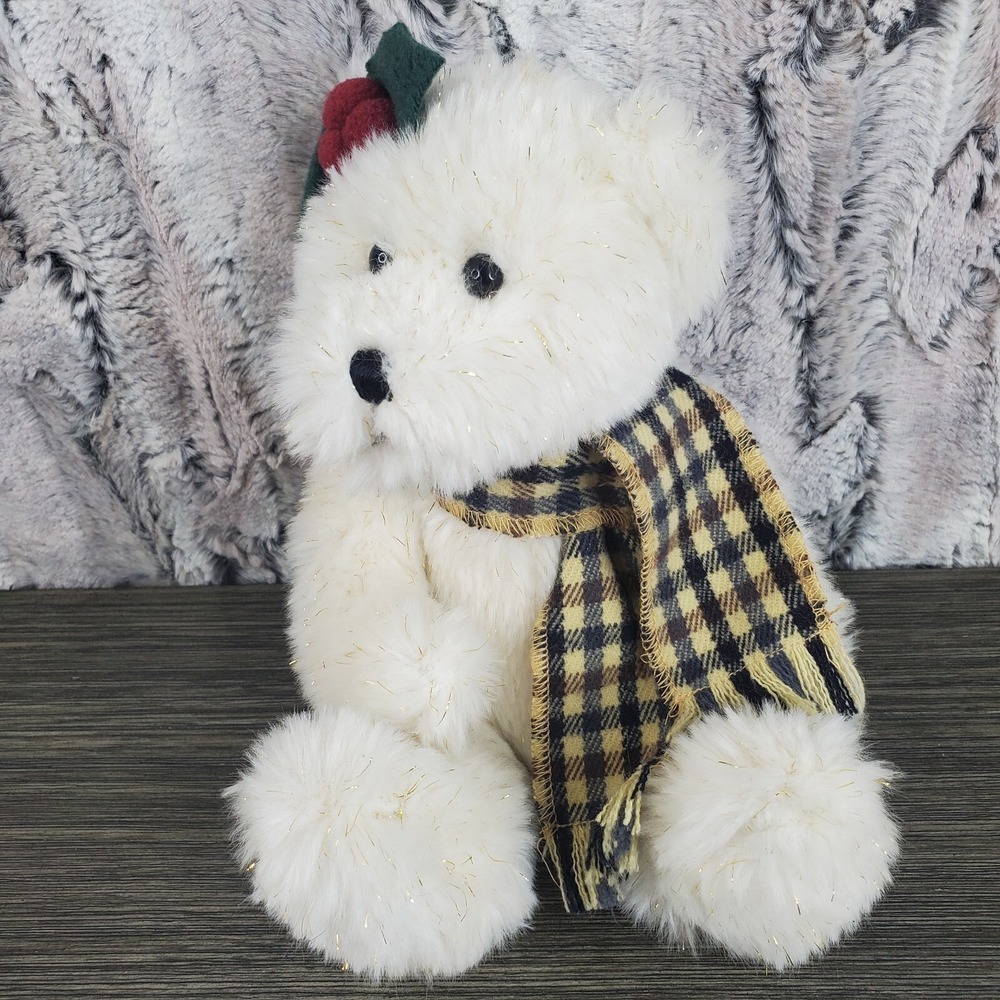 Chosun Gold White 8" Teddy Bear With Gold Tinsel Fur, Winter Scarf, Holly Bow